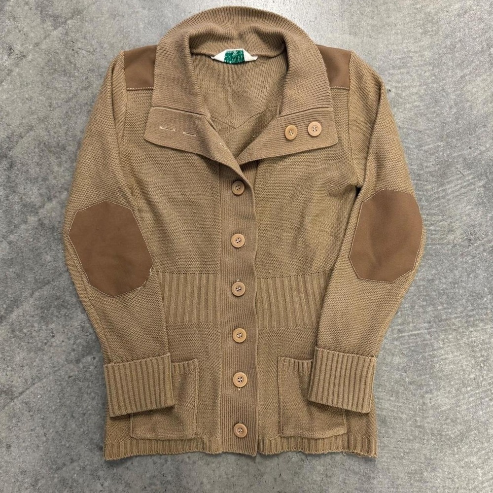 70's Sears JR Bazaar Tan Knit Cardigan Elbow Patches Vintage Preppy Small